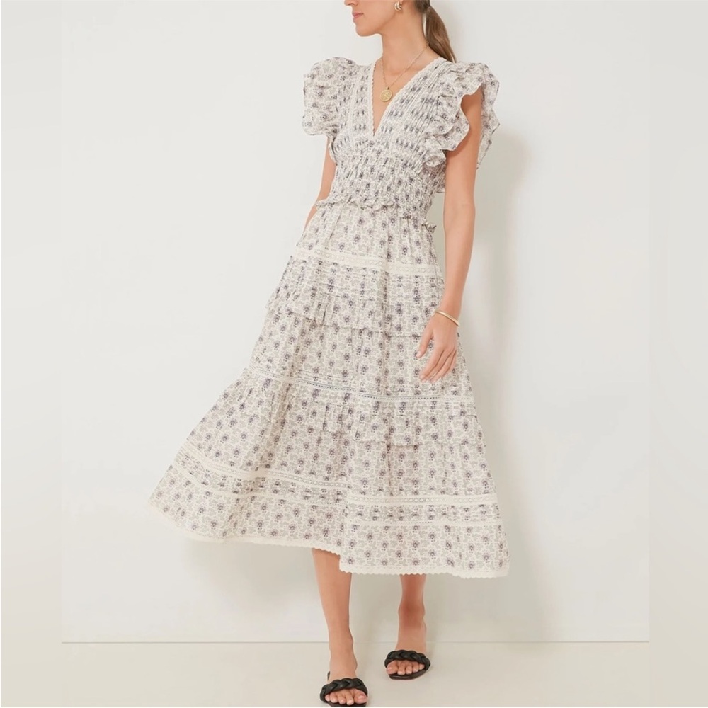 Sea Ivory and Navy Patterned Midi Dress